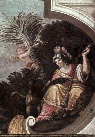 Ein antiker Heros (Aeneas?) hält, an einer Flußmündung im Meer stehend, ein Buch empor:"Liber commentas"