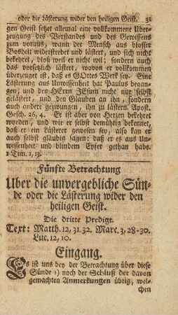 Fünfte Betrachtung Uber die unvergebliche Sünde oder die Lästerung wider den heiligen Geistes