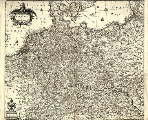 Tabula Germaniæ emendata recens per Nicolaum Joh. Piscatorem 1656. : Ubicunq[ue] B. Lector talem (*) viderit asteriscum cogitabit inibi eße Academiam.