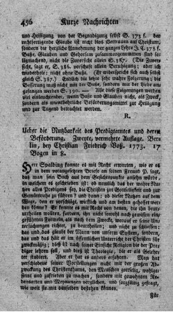 Ueber die Nutzbarkeit des Predigtamts und deren Beförderung. 2.verm.Aufl.