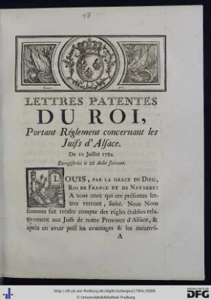 Lettres Patentes Du Roi, Portant Réglement concernant les Juifs d'Alsace.