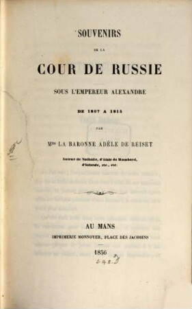 Souvenirs de la cour de Russie sous l'empereur Alexandre de 1807 à 1815