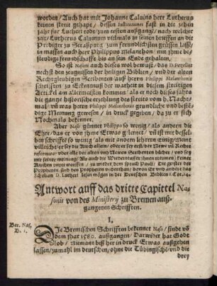 Antwort auff das dritte Capittel Nasonis von des Ministerii zu Bremen außgangenen Schrifften.