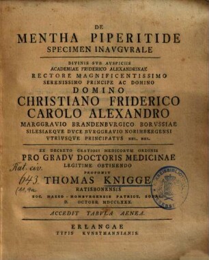 De Mentha Piperitide Specimen Inavgvrale ... Proponit Thomas Knigge Ratisbonensis : Accedit Tabvla Aenea