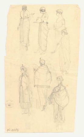 Figurinen : Weibliche Figurinen in historisierenden Umhängen, Tuniken und Kopfbedeckungen, orientalische Umhänge und Kopfbedeckungen