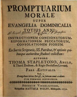 Promptuarium Morale Super Evangelia Dominicalia Totius Anni : ad instructionem concionatorum, ad reformationem peccatorum, ad consolationem piorum ; ex sacris scripturis, SS. patribus, & optimis quibusque authoribus studiose collectum, [2]. Pars Aestivalis