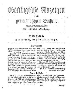 39stes Stück. Sonnabends, den 3ten October 1772.