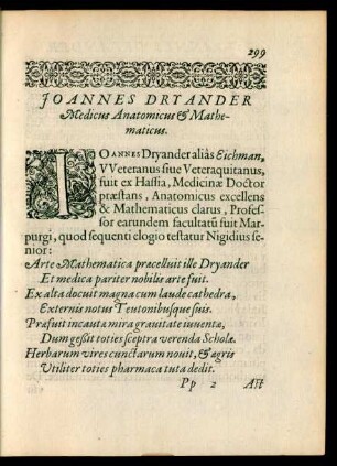 Ioannes Dryander Medicus Anatomicus et Mathematicus.