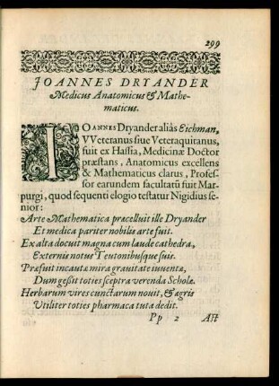 Ioannes Dryander Medicus Anatomicus et Mathematicus.