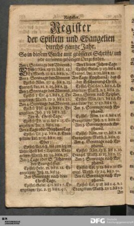 Register der Episteln und Evangelien durchs gantze Jahr.
