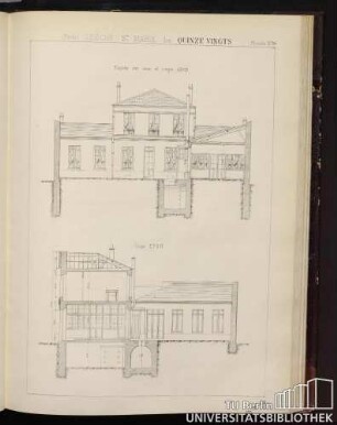 Planche No. 30 (Paris) Crèche S.te Marie des Quinze Vingts. Façade sur cour et coupe ABCD, coupe EFGH