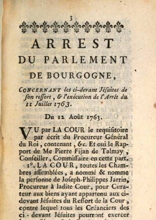 Arrest du Parlement de Bourgogne qui expulse de son ressort les soi-disans Jésuites