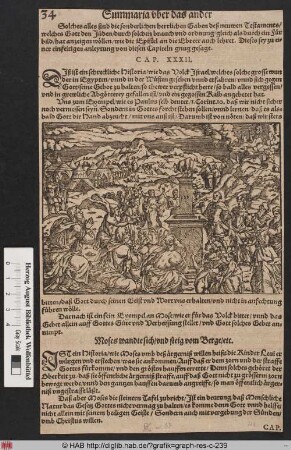 Die Anbetung des goldenen Kalbs, Moses Zorn und die Zerschmetterung der Gesetzestafeln am Fuße des Berges Sinai (Ex. 32,2-19).