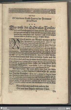 Leichenpredigt : Gotte trewe Krafft-Hand In der Frommen Creutz-Stand, Vor-Rede, oder Eingang, Text, Erklärung