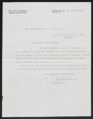 Brief von Carl Duisberg an Gerhart Hauptmann