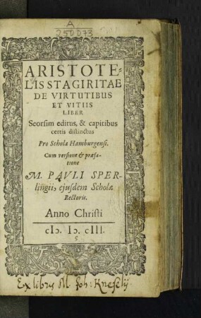 Aristotelis De virtutibus et vitiis liber