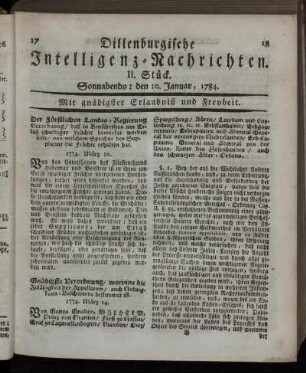 II. Stück. Sonnabends: den 10. Januar, 1784.