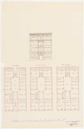Wohnhaus: Aufriss der Straßenfassade, 3 Grundrisse: Erdgeschoss, 1./2. Obergeschoss, 3. Obergeschoss, Maßstabsleiste