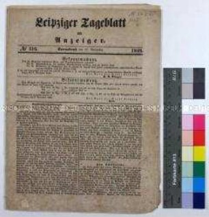 Tageszeitung Leipziger Tageblatt und Anzeiger, Nr. 316, mit Beilage und einem Bericht über die 65. öffentliche Sitzung der 1. Kammer des Landtages am 9. November 1848 (Druckbogen)