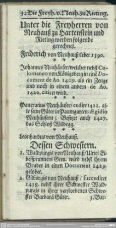 Unter die Freyherren von Neuhauß zu Hartenstein und Rieting werden folgende gerechnet