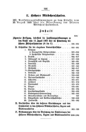 Ausführungsbestimmungen zu dem Erlasse vom 18. August 1908 über die Neuordnung des höheren Mädchenschulwesens : [E. Höhere Mädchenschulen]
