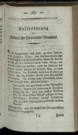 Aufforderung an sämtliche Oeconomen Preußens.