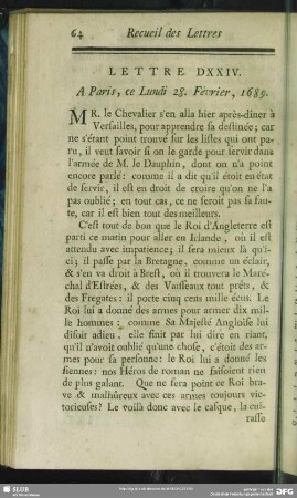 Lettre DXXIV. A Paris, ce Lundi 28. Février, 1689