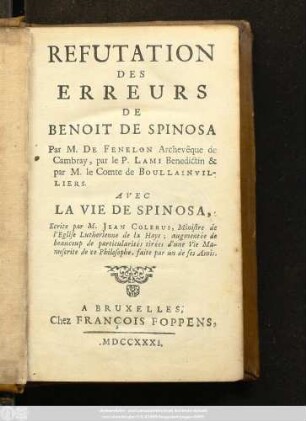 Refutation Des Erreurs De Benoit De Spinosa