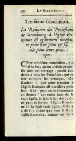 Troisiéme Conclusion. La Reunion des Protestans de Strasbourg â l'Eglise Romaine est egalement necessaire pour leur salut [et] facile principes.