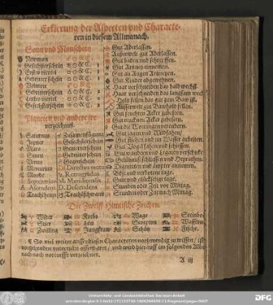 Erklerung der Aspecten vnd Characteren in diesem Allmanach.