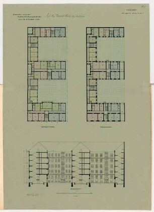 Kleinwohnungshaus Monatskonkurrenz November 1912: Grundriss Erdgeschoss, Obergeschoss, Längsschnitt 1:200; Maßstabsleiste