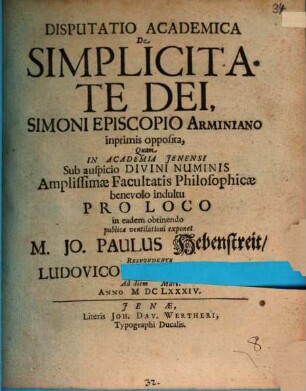 Disputatio Academica De Simplicitate Dei, Simoni Episcopio Arminiano inprimis opposita