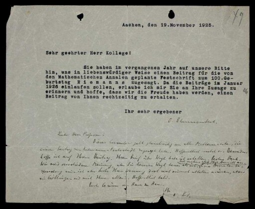 Nr. 49: Brief von Otto Blumenthal an David Hilbert, Aachen, 19.11.1925