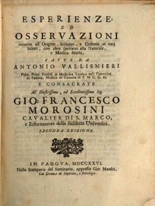 Considerazioni ed Esperienze intorno all origine suiluppi e costumi di vari insetti