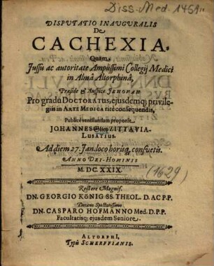 Disputatio Inauguralis De Cachexia