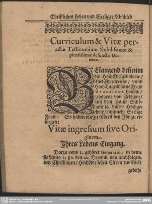 Lebenslauf : Curriculum & Vitae peractae Testimonium Nobilissimae & pientissimae defunctae Dominae
