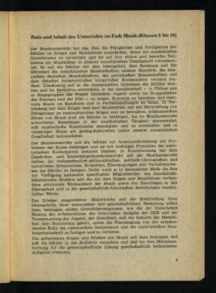 Ziele und Inhalt des Unterrichts im Fach Musik (Klassen 5 bis 10)