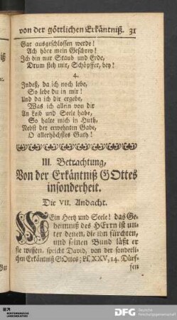 III. Betrachtung, Von der Erkäntniß GOttes insonderheit. [VII. bis IX. Andacht]