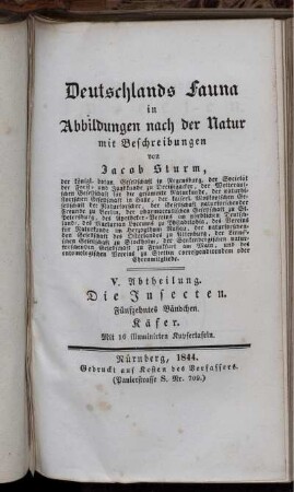 Abth. 5, Bdch. 15: Deutschlands Fauna in Abbildungen nach der Natur mit Beschreibungen. Abth. 5. Deutschlands Insecten. Bdch. 15