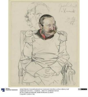 Generallieutenant von Kumowski, Kniestück, en face sitzend, Kopf vorgeneigt nach links, l.: Kopfstudie im Profil nach links, Porträtstudie zu "Die Krönung Wilhelms I. in Königsberg"