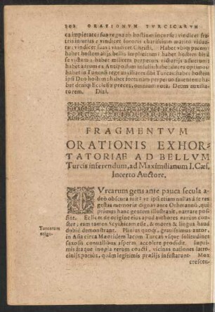 Fragmentum Orationis Exhortatoriae Ad Bellum Turcis inferendum, ad Maximilianum I. Caes. Incerto Auctore.