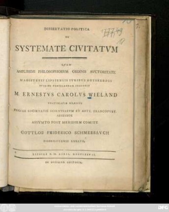 Dissertatio Politica De Systemate Civitatvm