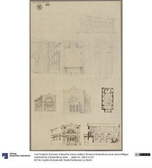 Entwurf zu einem antiken Tempel & Entwürfe zu einer dreischiffigen Hallenkirche & Entwürfe zu einer Kirche mit Portikus und Thermenfenster