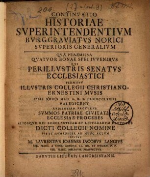L. J. J. Langii Historia superintendentium Burggraviatus Norici superioris generalium. [2], Continuatio 1