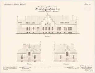 Feldartilleriekaserne, Halle/Saale: Wirtschaftsgebäude II: Aufriss Nordansicht, Ostansicht, Westansicht 1:100