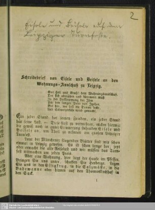 Schreibebrief von Eisele und Beisele an den Wohnungs-Ausschuß zu Leipzig