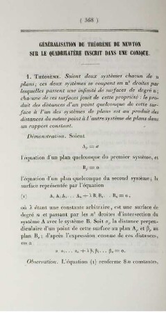 Généralisation du théorème de Newton sur le quadrilatère inscrit dans une conique.