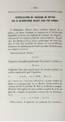 Généralisation du théorème de Newton sur le quadrilatère inscrit dans une conique.