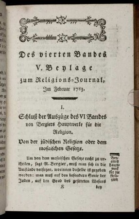 Des vierten Bandes V. Beylage zum Religions-Journal, Im Februar 1783