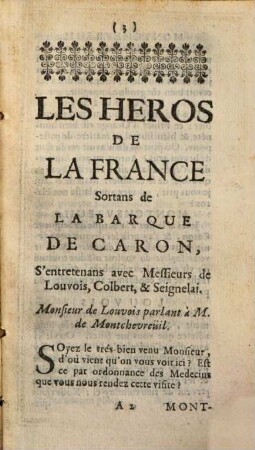 Les Heros De La France Sortans de La Barque De Caron : S'entretenans avec Messieurs de Louvois, Colbert, & Seignelai